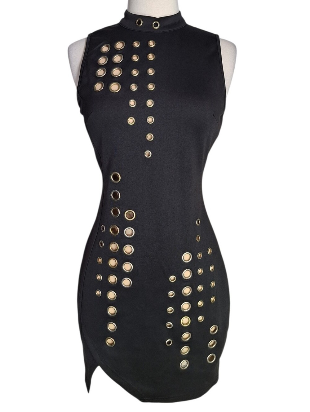 Banjul Grommet Bodycon Mockneck Dress S Goth Edgy Industrial Clubwear  Punk